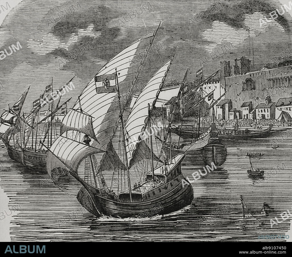 HENRI THÉOPHILE HILDIBRAND (1824-1897). FRENCH ENGRAVER.. A Hungarian fleet squadron in the late 14th century. Engraving by Hildibrand. "Los Héroes y las Grandezas de la Tierra" (The Heroes and the Grandeurs of the Earth). Volume VI. 1856.