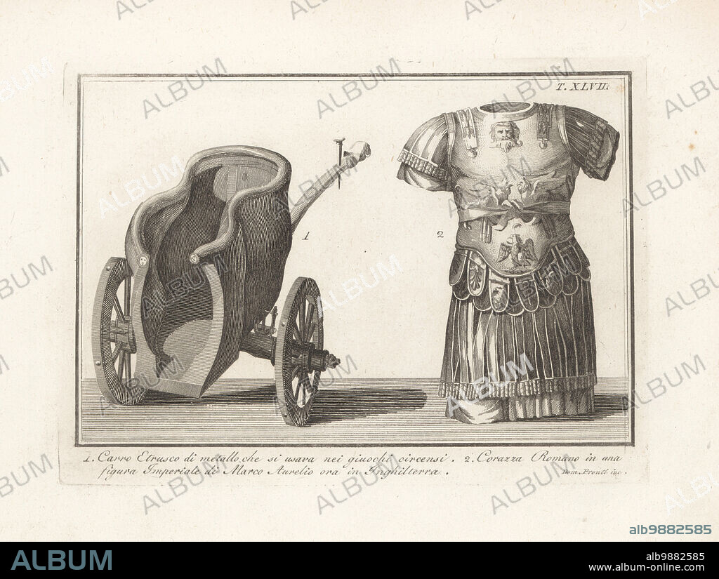 Etruscan metal chariot or biga used in races in circuses 1, Roman Imperial cuirass or breastplate armour from a statue of Marcus Aurelius in England 2. Copperplate engraving by Domenico Pronti from his own New Collection Representing Religious, Civil and Military Costumes of the Ancient Egyptians, Etruscans, Greeks and Romans, Nuova Raccolta Rappresentante I Costumi Religiosi Civili e Militari, Rome, 1805.