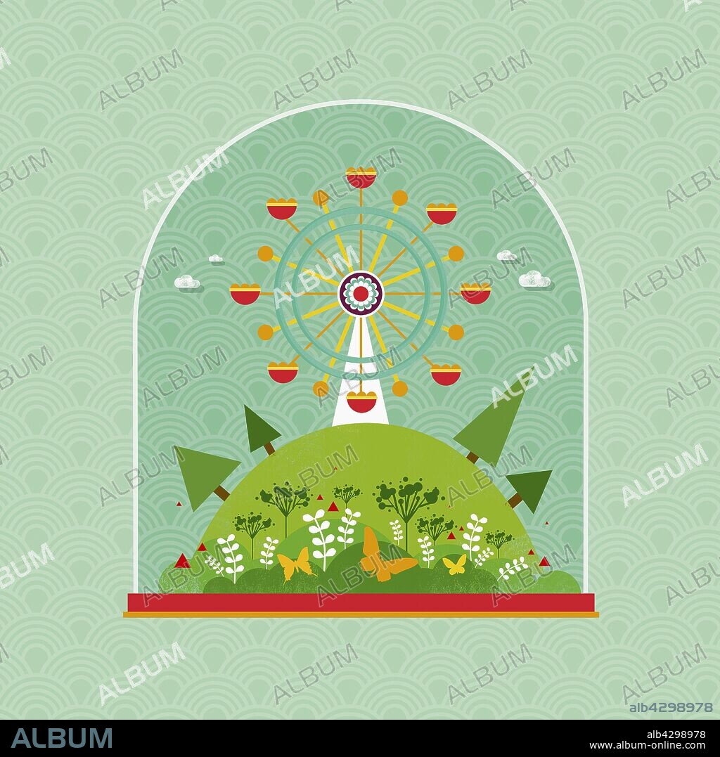 Ferris wheel and idyllic scene in snow globe.