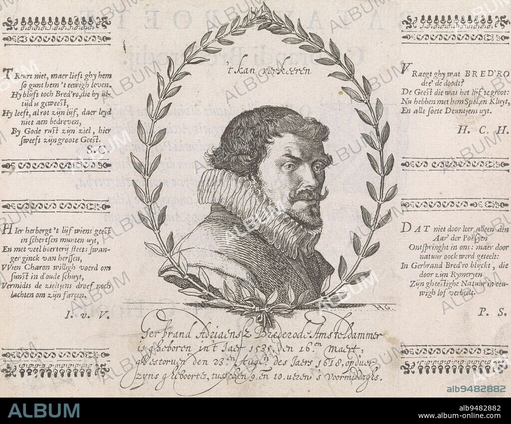Portrait of Gerbrand Adriaensz. Bredero, Amsterdam rhetorician, playwright and poet. Bust to the right. Above the bust Bredero's motto: ''t kan verkeeren''. Around the portrait a laurel wreath and Dutch dedications of the writers S. Coster, J. Van den Vondel, P.C. Hooft and P.Scriverius. The print also has a Dutch caption, Portrait of Gerbrand Adriaensz. Bredero, print maker: Hessel Gerritsz, (mentioned on object), Willem Pietersz. Buytewech, Samuel Coster, (mentioned on object), Amsterdam, 1622, paper, etching, engraving, letterpress printing, h 137 mm × w 176 mm.