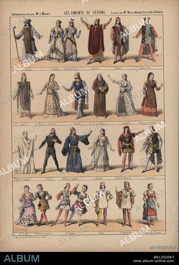Vestidos para los personajes de la obra teatral "Los Amantes de Verona" (Romeo y Julieta), de William Shakespeare. Grabado en color de 1879.