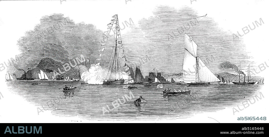 SMYTH. Weston-super-Mare Regatta, from the sea - drawn by Condy, 1845. Boat races off the Somerset coast. In the centre covered in signal flags is 'Ganymede' saluting, and on the right in full sail is 'Lily of Devon'. '...the wind having somewhat gone down, the [flagship] Ganymede again arrived in the bay, and the same tide brought up the Lily of Devon, W. F. Moore, Esq., of the R.W.Y C. [Royal Western Yacht Club], she having, in spite of every difficulty, rounded the point'. From "Illustrated London News", 1845, Vol VII.