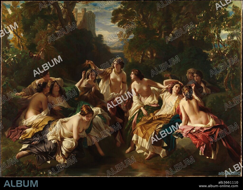 Florinda. Artist: Franz Xaver Winterhalter (German, Menzenschwand 1805-1873 Frankfurt). Dimensions: 70 1/4 x 96 3/4 in. (178.4 x 245.7 cm). Date: 1853.
This painting depicts an episode from the legend of Roderick, the last king of the Spanish Visigoths. After spying on his maids of honor to determine the fairest among them, the king chose Florinda (at center left), who became the object of his love. In revenge, Florinda's father called the Arabs into Spain and brought about the conquest. This painting, which was shown at the Salon of 1853, is a replica of a version of the same size given by Queen Victoria to Prince Albert in 1852. Winterhalter used a similar composition for <i>Empress Eugénie Surrounded by Her Ladies-in-Waiting</i> (1855; Musée National du Château, Compiègne).