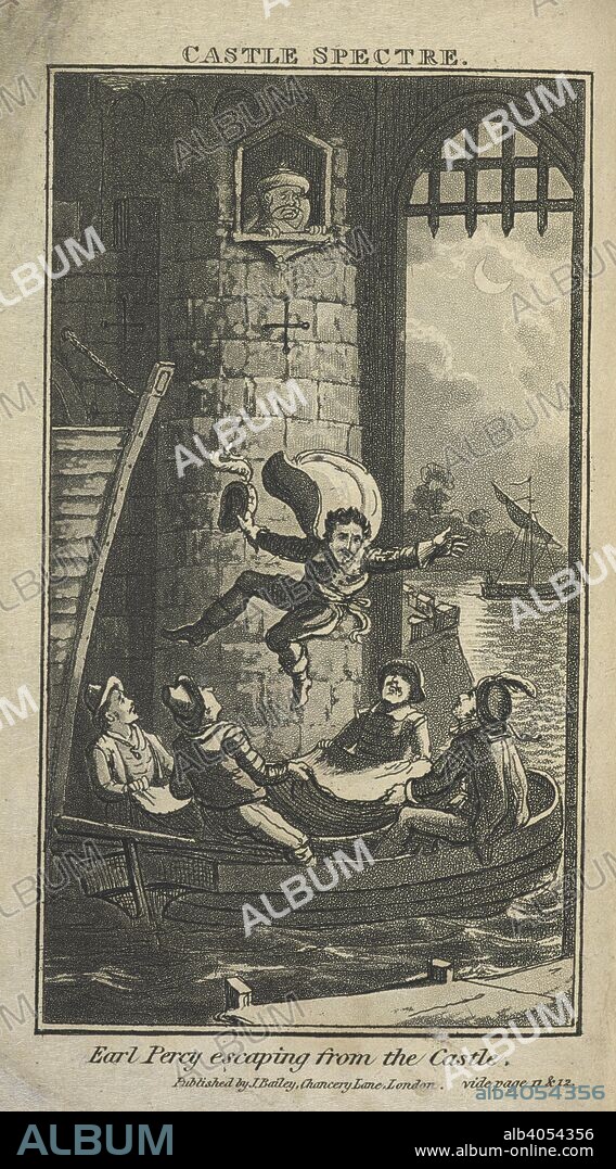 MATTHEW GREGORY LEWIS. 'Castle Spectre'. Earl Percy escaping from the castle. A scene from a Gothic drama. The Castle Spectre; an ancient baronial romance, by S. Wilkinson, founded on the original drama of M. G. L. London, [1820?]. Source: 12612.aaa.4 frontispiece.