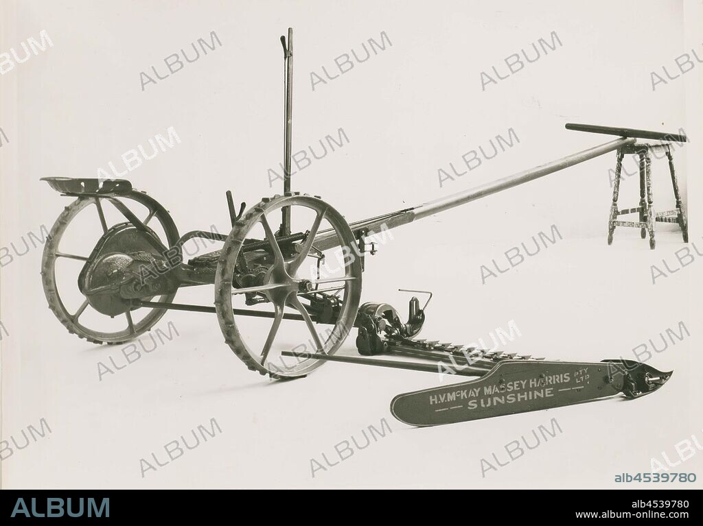 Photograph - H.V. McKay Massey Harris, Hay Mower, circa 1940, Studio photograph of horse drawn hay mower. a collection of photographs, moving film, artefacts, documents and trade literature relating to Massey Ferguson (Aust.) Ltd. The Australian operations of this company were originally founded as Hugh V. McKay in the 1890s. In 1930 it merged with Massey Harris's Australian operations to become H.V. McKay Massey Harris Pty Ltd.