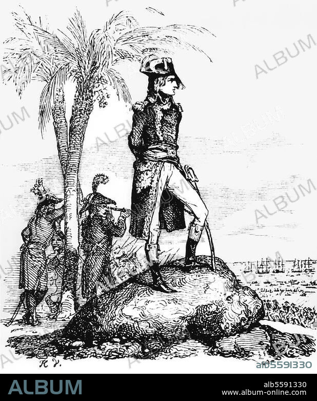 Napoleon I Bonaparte, emperor of the French (1804-1815); Ajaccio (Corsica) 15/. 8/1769 - Longwood (St. Helena) 5/5/1821. Landing in Alexandria (Egypt), 1 July 1798 (?). Wood engraving, unsigned, after a drawing by Horace Vernet (1789-1863).