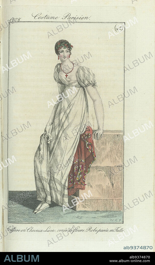 Journal des Dames et des Modes, Frankfurt edition 16 octobre 1808, Costume Parisien (42) : Coeffure en Cheveux Lisses, ornée de fleurs. Robe parée en Tulle., The accompanying text (p. 79) states: Smooth hairstyle, decorated with flowers. Necklace (with cross) and earrings of coral. 'Robe parée, of tulle'. White gloves. White (flat) shoes. The print is part of the fashion magazine Journal des Dames et des Modes, published in Frankfurt as a copy of the French edition by Pierre de la Mésangère, (1798-1848)., print maker: Friedrich Ludwig Neubauer (possibly), publisher: J.P. Lemaire, Frankfurt am Main, 1808, paper, engraving, height 188 mm × width 115 mm.