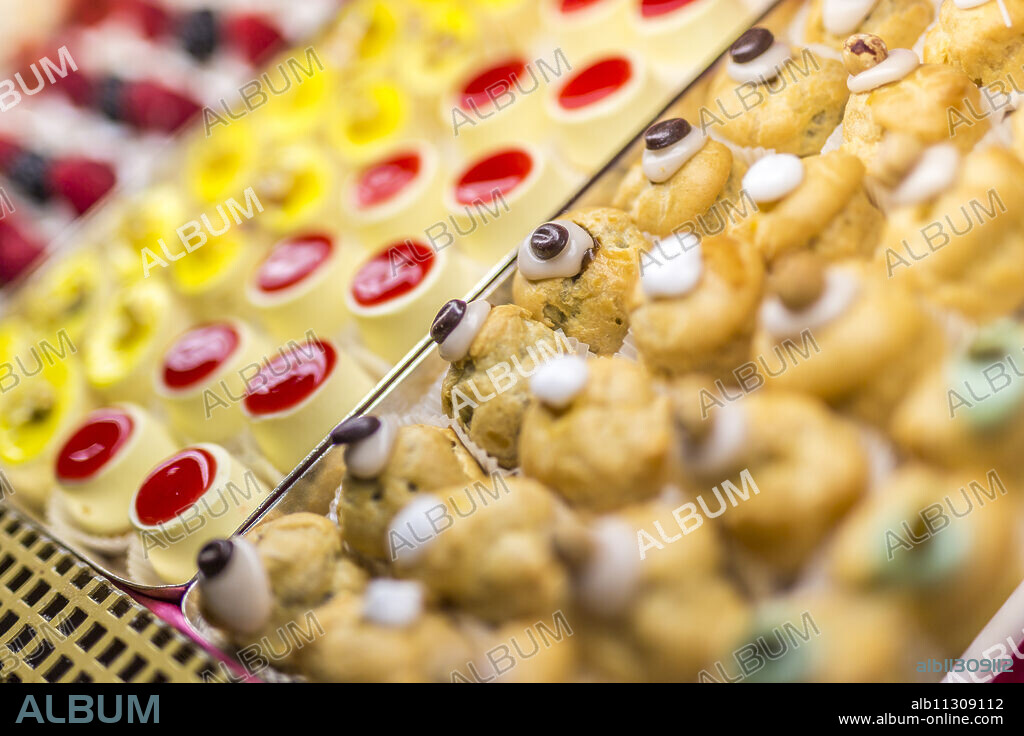 Typical homemade sweets and pastries of the old Cafe Cova, Milan, Lombardy, Italy, Europe.