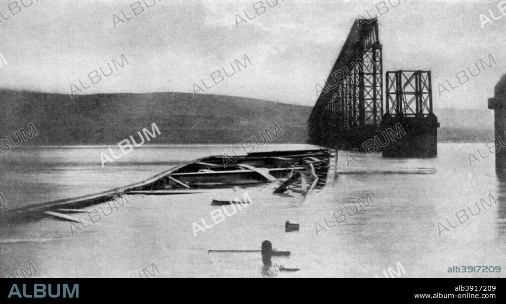 The Tay Bridge disaster, Scotland, 28th December 1879 (1951). Designed by the engineer Thomas Bouch and completed in 1878, the Tay Bridge was just under two miles in length and was considered the longest bridge in the world. However, it proved lacking in stability against wind loadings. On 28 December 1879, as the Edinburgh to Dundee train was crossing the bridge during strong gales, the structure collapsed, killing all 75 passengers. A print from 100 Years in Pictures, A panorama of History in the Making, text by DC Somervell, Odhams press Limited, London, 1951.