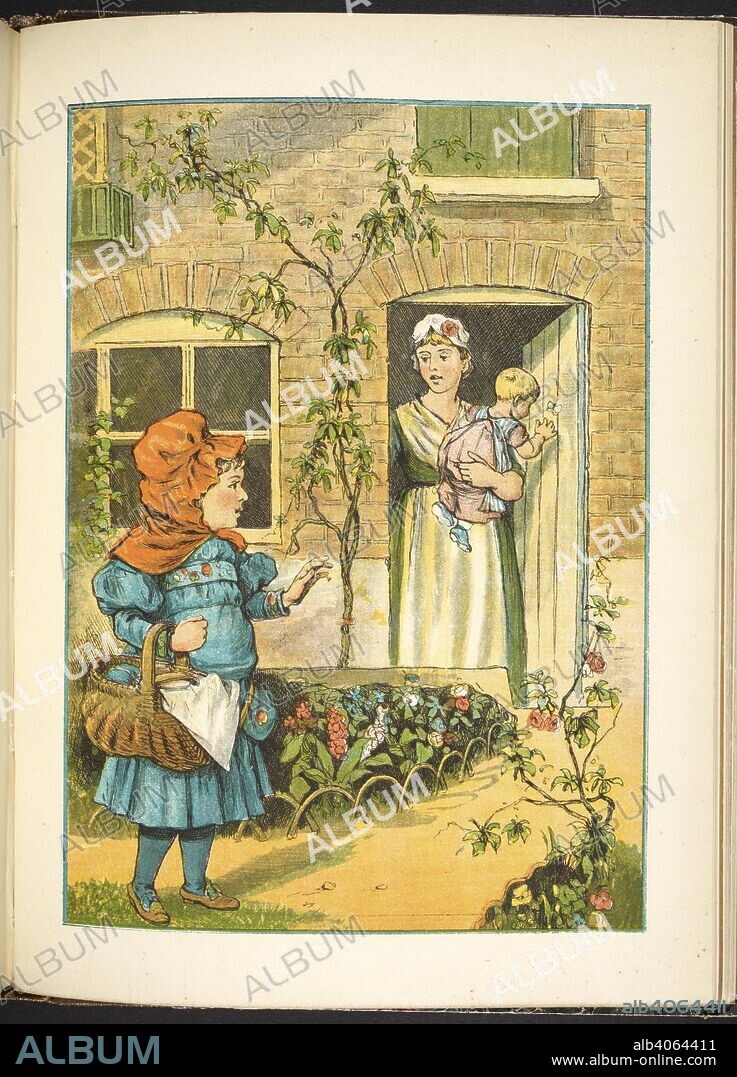 Little red riding-hood waving goodbye to her mother. Little red riding-hood. London : Frederick Warne & Co., [1883] Emrik and Binger [Printers]. Children's books. Source: 12805.l.45.(16) page 1.