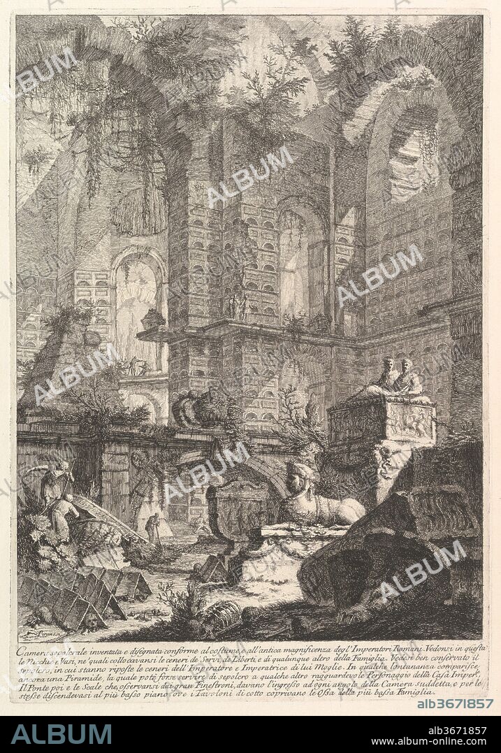 Camera sepolcrale inventata e disegnata conforme al costume, e all'antica magnificenza degl'Imperatori Romani . . . (Imaginary sepulcral chamber designed according to the fashion and ancient magnficence of the Roman Emperors . . .). Artist: Giovanni Battista Piranesi (Italian, Mogliano Veneto 1720-1778 Rome). Dimensions: Plate: 15 13/16 x 10 15/16 in. (40.2 x 27.8 cm)
Sheet: 19 1/2 x 13 3/8 in. (49.5 x 34 cm). Series/Portfolio: Prima Parte di Architettura, e Prospettive (Part One of Architecture and Perspectives). Date: ca. 1750.