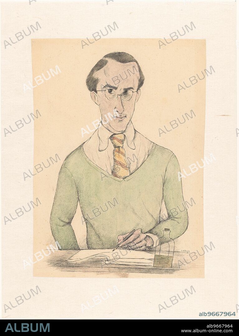 Self-portrait, 1941. Henk Hartog, sitting at a table, with a pencil in his left hand. On the table are a sketch block and a bottle.