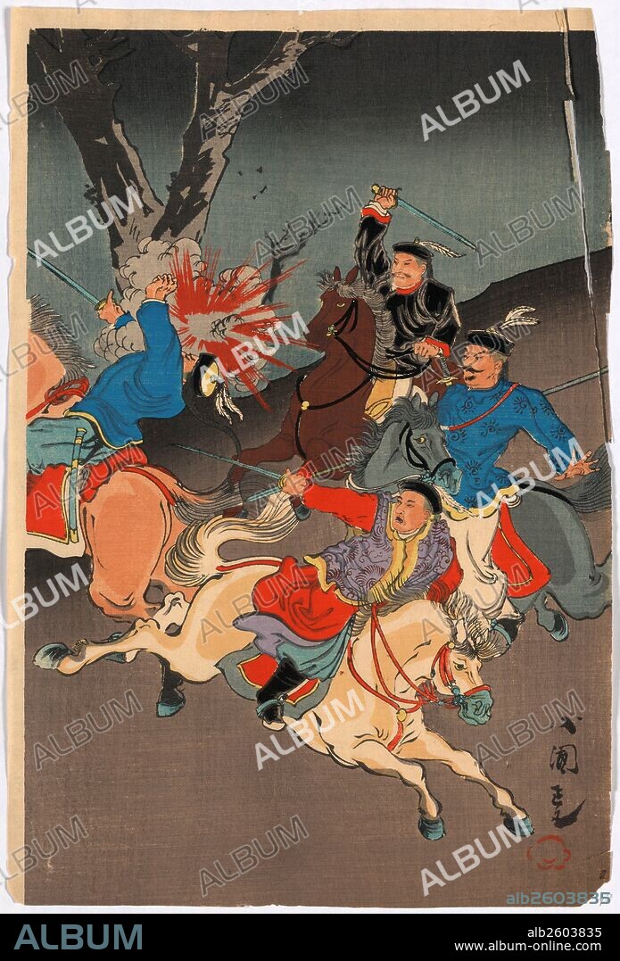 Nisshin senso e, Sino-Japanese War., Utagawa, Kokunimasa, 1874-1944, artist, [1894 or 1895], 1 print : woodcut, color ; 36.8 x 24.6 cm., Print shows a cannon shell exploding against a tree in the midst of four warriors on horseback; possbily during the battle at Kaiping.