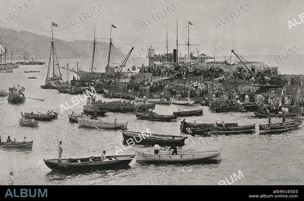 España. Islas Canarias. Santa Cruz de Tenerife. Desembarco de fuerzas expedicionarias durante la Guerra de Cuba. Fotograbado. La Ilustración Española y Americana, 1898.