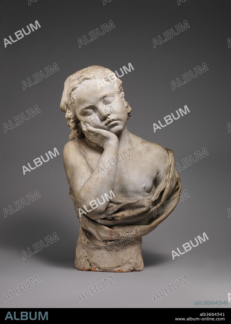 Sleeping Boy. Artist: Philippe Laurent Roland (French, Pont-à-Marc 1746-1816 Paris). Culture: Italian, Rome. Dimensions: Overall (confirmed): 22 9/16 × 14 × 10 1/8 in., 53.9 lb. (57.3 × 35.6 × 25.7 cm, 24.4 kg). Date: ca. 1774.
Given the sculptor Philippe-Laurent Roland's reverence for his master, Augustin Pajou, it is no surprise the terracotta Sleeping Boy shares the vivacity of Pajou's Head of a Bearded Elder (acc. no. 2003.25). A young boy of about ten years has fallen asleep in an upright position. His right hand cradles his lolling head, while the left arm hides in drapery which circles from that shoulder to the other side. The fingers sink into the fleshy cheek and displace the lips from their normal position beneath the nose. These irregularities, along with the taut sinews of the hand and slightly disheveled hair, stand out against the smooth skin of his exposed torso.
The sculptor's brilliantly observed, relaxed naturalism is all the more astonishing because the work was executed in Rome, where he was applying himself to rigorous study of antique art; however, James Draper, who first identified Sleeping Boy as one of Roland's three known Roman sculptures, noted that ancient sculptures of sleeping boys may have served the artist as a precedent. He also pointed out that it is, in fact, the genre studies of painters like Jean-Baptiste Greuze that lie behind Roland's intentions here.[1] From an account by Roland's star pupil, Pierre-Jean David d'Angers, we know that the master modeled this and another half-length study, Old Man Sleeping, in Rome between 1771 and 1776.[2] Comparison of the two is enough to convince us that the artist was interested in their complementary natures, even if he did not intend them as formal pendants. The old man also rests head on hand, and details of bulging veins and wrinkled knuckles underscore his age. The greater width of Old Man Sleeping and the sound placement of the two arms, both of which are visible, reveal the relative precariousness of the boy's pose, accentuated by the tall, irregular self-base and the drapery slipping off one shoulder. One senses that he may tip to one side and jolt awake, unlike the old man, who is firmly anchored in place.
Sleeping Boy is painted white, probably to cover firing cracks that are obvious in the unpainted Old Man Sleeping and possibly to give a patron the idea of what the clay would look like if translated into marble. The direct modeling of the clay makes it apparent that the terracotta was a study for, rather than after, a finished work. One was, in fact, carved: it is apparently the "little sleeper, marble" listed under the date 1774 in a manuscript of Roland's work prepared for his family after 1847.[ 3] This suggests a dating of the terracotta to the period after Roland arrived in Rome in 1771 but before the carving of the marble in 1774. An old photograph of the marble shows that the artist eliminated the high socle of our terracotta in favor of a short, circular one and reinforced the elbow with more drapery. That support stabilized the boy's pose but removed some of its latent energy as well as the visual interest of the asymmetrical composition.[4] The making of a mold to cast a bronze version --  one is known in the Palais des Beaux-Arts de Lille --  may have caused portions of the socle to shear off.
The lifesize proportions of the terracotta and the keenly observed details add to the appeal of this vivacious portrait of the unknown child who posed for Roland. Several other works by the artist in the Museum's collection, including decorative carvings, a relief portrait of King Louis XVI (1787), a self-portrait, and a terracotta statuette, Bacchante Riding a Goat (1796), testify to his range and accomplishment as a sculptor, one of the best of his generation. [5] This early work remains one of his most brilliant and inventive.
[Ian Wardropper, 2011]

[1] Draper 1992b, p. 130; James David Draper in Playing with Fire 2003, p. 59. 
[2] David d'Angers 1847, pp. 46 - 47; quoted in Draper 1992b, p. 129.
[3] Quoted in Draper 1992b, p. 132.
[4] The photograph was published in Marcel 1901, p. 186. The marble was in the collection of Roland's descendant Gabriel de Montigny until at least 1901 and apparently is still in the possession of the family in Aix-en-Provence (see Draper in Playing with Fire 2003, p. 59).
[5] See Draper 1992b, figs. 6 - 8 (acc. nos. 07.225.18, 07.225.17a, b), 14 (acc. no. 1990.234), 15 (acc. no. 1998.64), 18 (acc. no. 1975.312.8).