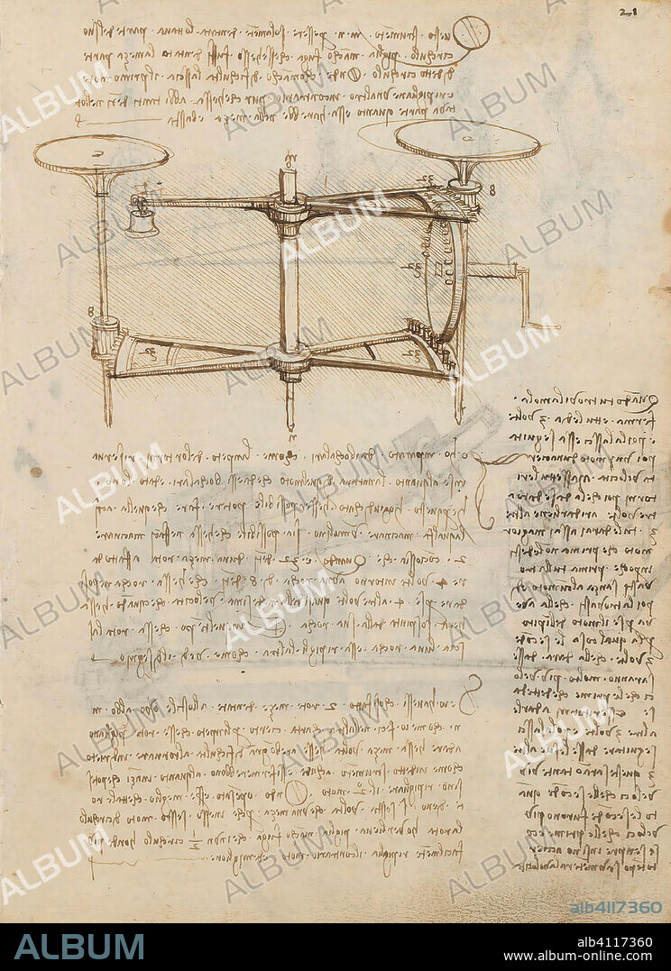LEONARDO DA VINCI. Folio f 21r. Codex Madrid I (Ms. 8937) "Treaty of statics and mechanics", 192 folios with 384 pages. Internal format: 215 x 145 mm. CRAFTS. APPLIED MECHANICS (COMPONENTS). APPLIED MECHANICS (MACHINES AND WITS). PERSPECTIVE, OPTICS, PAINTING, DRAWING. PRINCIPLES OF MECHANICS, CINEMATICS, DYNAMICS.