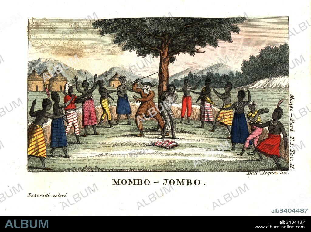 A Mandinka polygamist in a tree-bark suit beats one of his wives in the brutal ritual of Mumbo Jumbo. From Mungo Park’s Travels in the Interior of Africa. Copperplate engraving by Dell'Acqua handcoloured by Lazaretti from Giovanni Battista Sonzogno’s Collection of the Most Interesting Voyages (Raccolta de Viaggi Più Interessanti), Milan, 1815-1817.