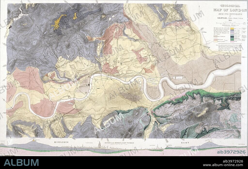 Geological map of London and the surrounding area, 1871. Map with geological information shown in colours and a vertical scale in the bottom margin.