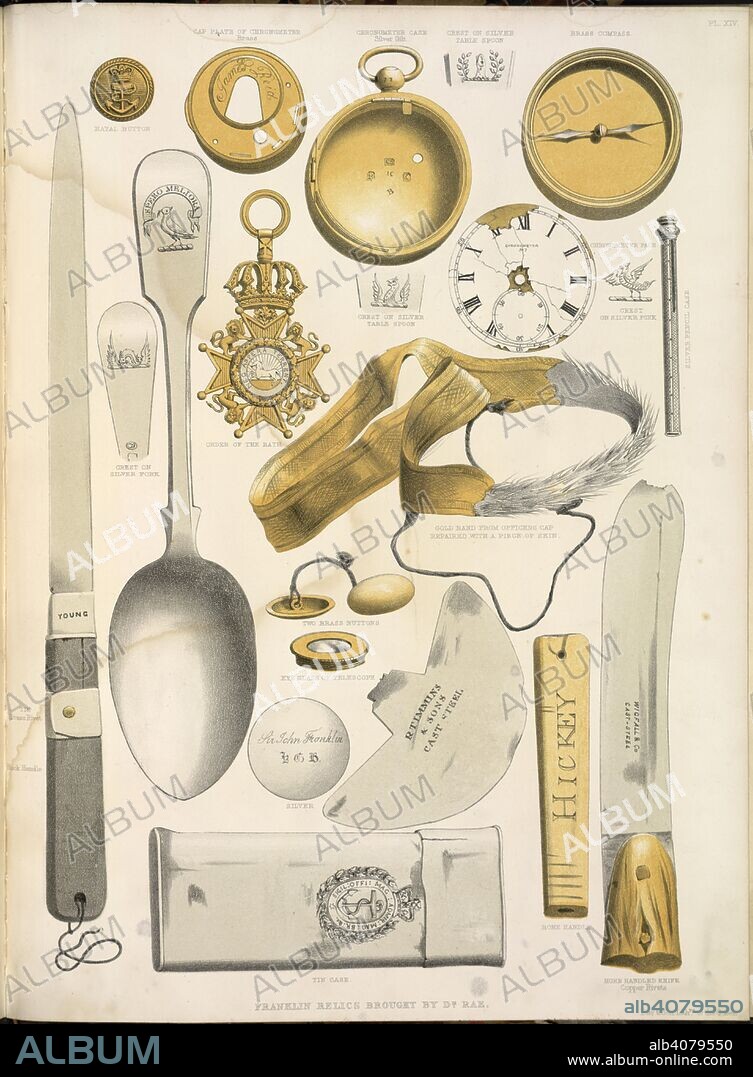 Various recovered relics. A Series of Fourteen Sketches, made during the voy. London, 1855. The relics of the Franklin Expedition brought home by Dr. Rae. Items include a brass compass; chronometer case; order of the Bath; fork and spoon.  Image taken from A Series of Fourteen Sketches, made during the voyage up Wellington Channel in search of Sir J. Franklin, and the missing crews of H.M. Discovery Ships Erebus and Terror: together with a short account of each drawing.  Originally published/produced in London, 1855. . Source: 1781.a.6, plate XIV. Language: English.