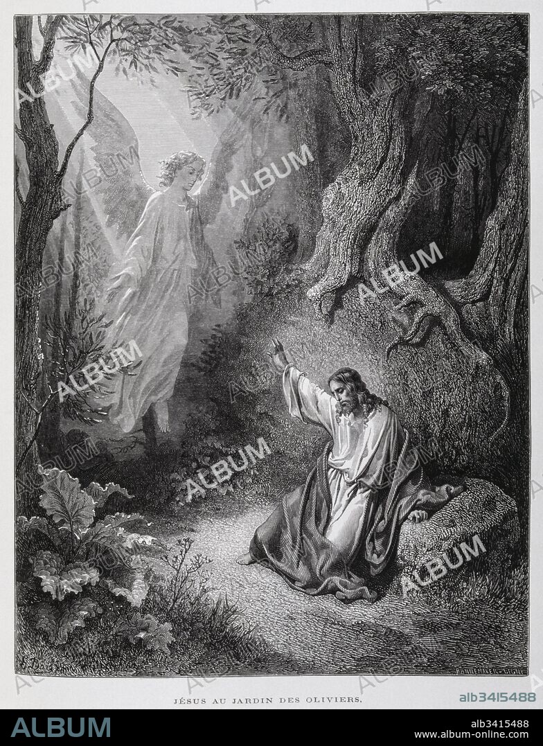 Jesus meets an angel in the garden of Gethsemane on the Mount of Olives, in Jerusalem, Illustration from the Dore Bible 1866. In 1866, the French artist and illustrator Gustave Dore (1832–1883), published a series of 241 wood engravings for a new deluxe edition of the 1843 French translation of the Vulgate Bible, popularly known as the Bible de Tours. This new edition was known as La Grande Bible de Tours and its illustrations were immensely successful..