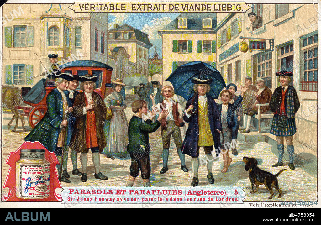 'Sir Jonas HANWAY (1712-1786) avec son parapluie dans les rues de Londres'. Illustration anonyme de 1907 pour un chromo Liebig de la serie 'Parasols et parapluies'. Credit : Collection KHARBINE-TAPABOR.