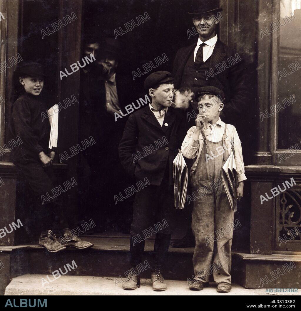 Entitled: "Pool Room Branch (Chouteau & Manchester). These boys were playing pool and smoking in the pool room while waiting for papers. The smallest boy is 9 years old and sells until 9 P.M. Location: St. Louis, Missouri. May 1910." The position of paperboy occupies a prominent place in many countries, including the United States, Canada, United Kingdom, Australia, New Zealand, Ireland, and Japan. This is because it has long been the first paying job available to young teenagers, often male. It is a low-standing job and therefore has relatively low-pay. As most papers are delivered early in the morning it requires the delivery person to get up early, which can also mean braving cold, dark, and inhospitable conditions. Newspaper industry lore suggests that the first paperboy, hired in 1833, was 10 year-old Barney Flaherty who answered an advertisement in the New York Sun, which read "To the Unemployed a number of steady men can find employment by vending this paper.".