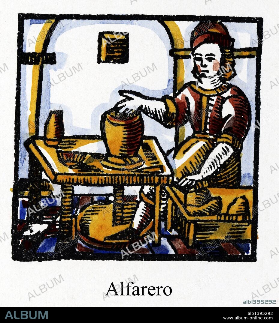 Artes y Oficios de Barcelona desde la Edad Media. Grabado al Boj del siglo XVIII. Alfarero fabricando una vasija en el torno.