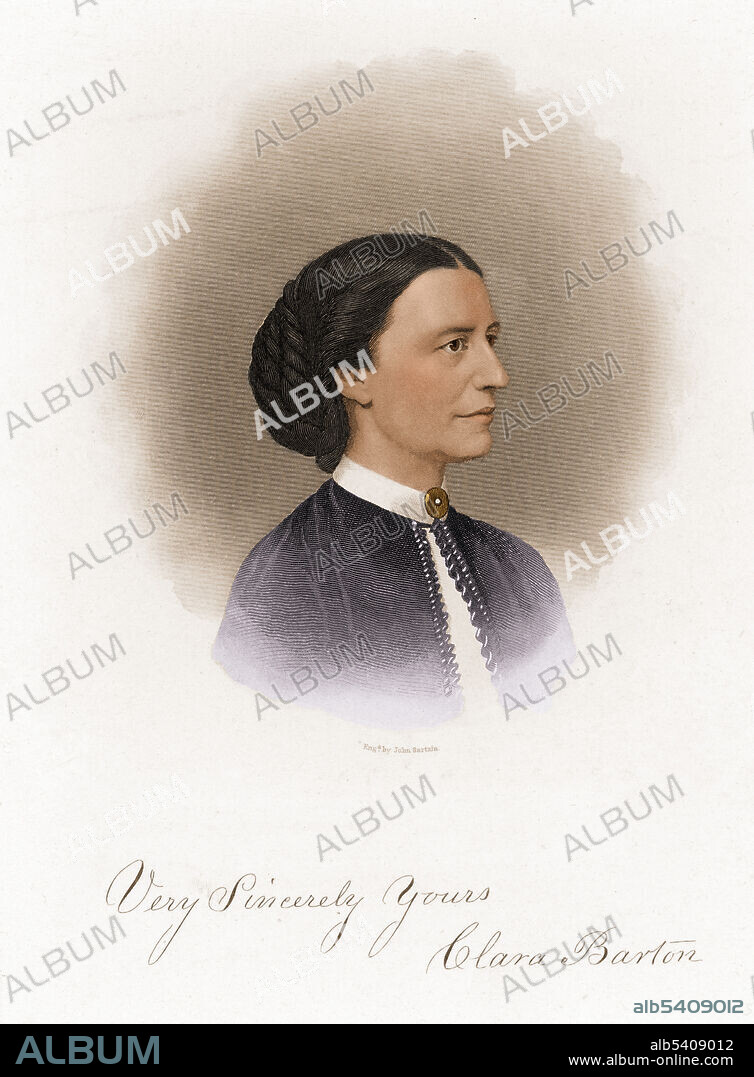 Clara Barton (1821 - 1912) was a self-taught nurse who founded the American Red Cross. Barton was an early suffragette, civil rights activist, and is revered for doing humanitarian work at a time when relatively few women worked outside the home. Engraving by John Sartain, 1882. Colorized.