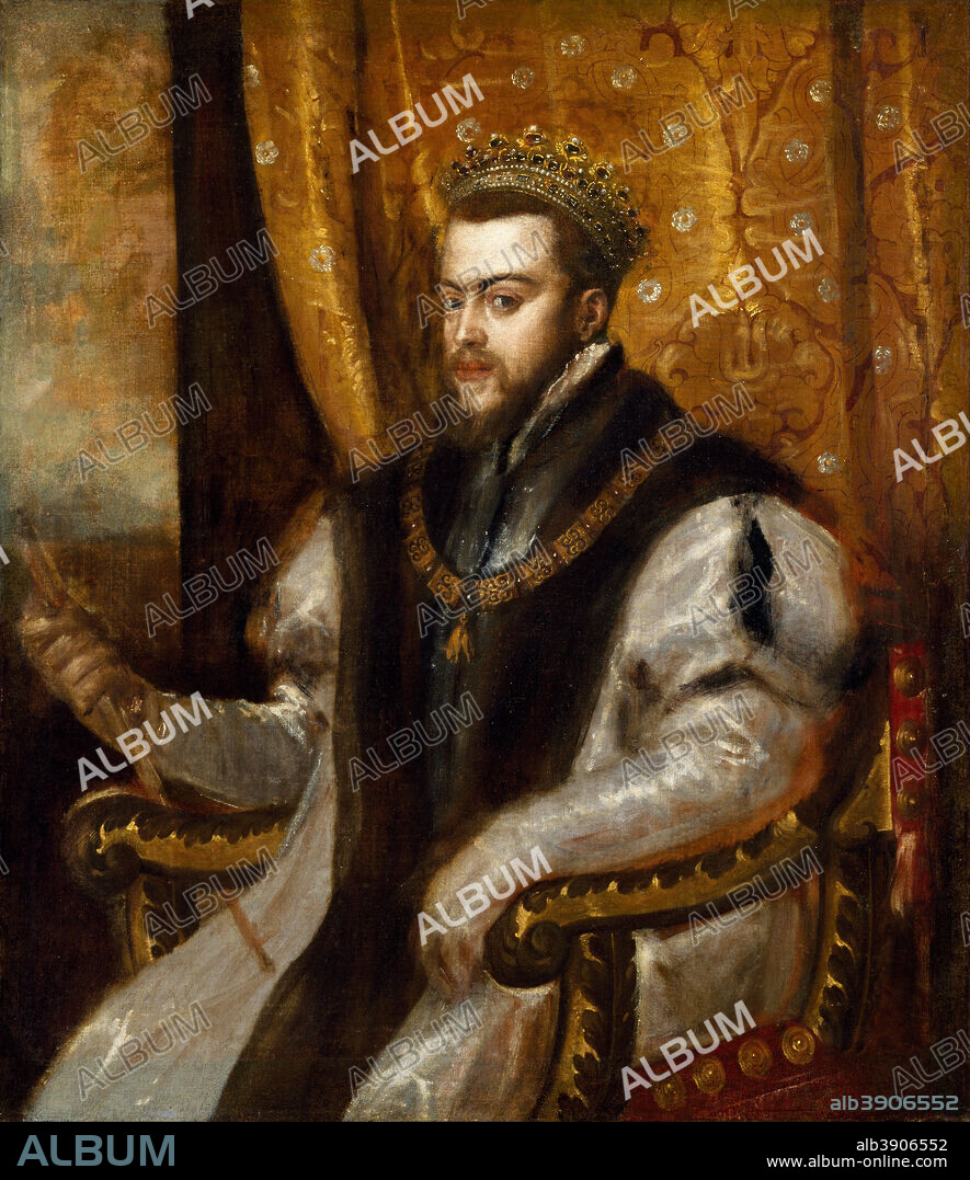 TITIAN. King Philip II of Spain. Date/Period: 1545/1556. Painting. Oil on canvas. Height: 107.2 cm (42.2 in); Width: 92.7 cm (36.4 in).