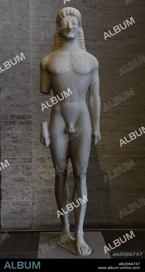 Greek art. Archaic style. Apollo of Tenea. About 560 BC. Statue of a youth. Glyptothek. Munich. Germany.