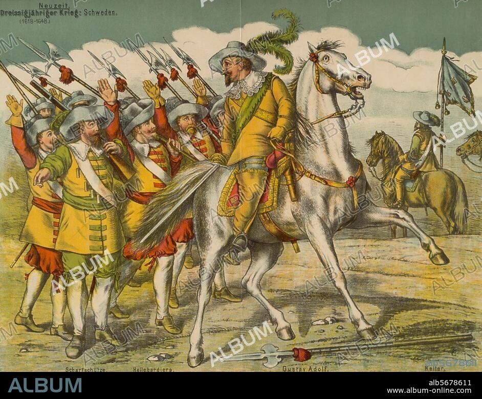 ANONYM. Gustav II. Adolf, König von Schweden. (1611-32); 1594-1632. "Neuzeit. Dreissigjähriger Krieg: Schweden. (v. li.) Scharfschütze. Hellebardiers. Gustav Adolf. Reiter". Farblithographie, um 1880. Blatt 18 der Folge: H.Hemmleb, Anschauungsbilder zur alten und neuen Geschichte, Weimar (H.Hemmleb) o. J. Berlin, Sammlung Archiv für Kunst und Geschichte.
