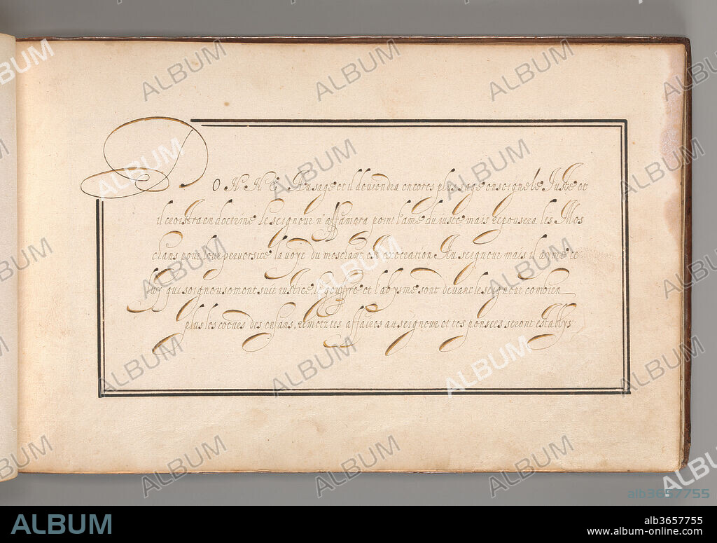 Calligraphic Excersize in French (Cursive Script). Artist: Anonymous French or Flemish. Dimensions: Overall: 6 3/4 × 11 1/16 in. (17.1 × 28.1 cm). Date: early 17th century.
Calligraphic exercize in French, presented in a double rectangular frame broken up  in the upper left corner by the initial letter 'D'. The text runs for six lines and the ascenders and descenders are highlighted in gold. Part of an album with 26 examples of calligraphy and micrography, thought to have been produced in France or possibly Antwerp at the beginning of the seventeenth century.