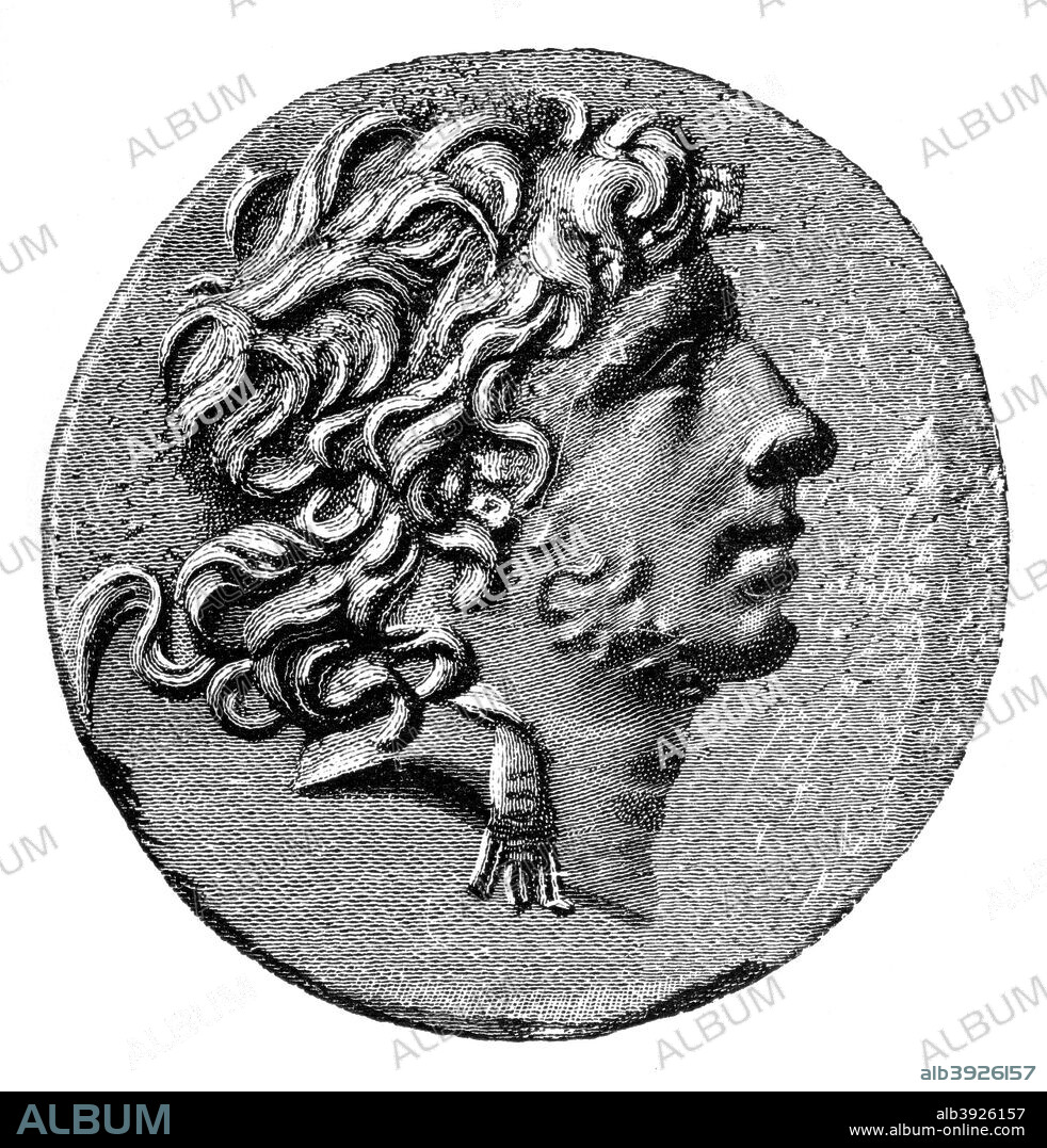 Mithridates the Great, King of Pontus, (1902). Portrait of Mithridates VI (132-63 BC) after a coin, from Theodore Reinach's Mithridate Eupator. Illustration from 'The World's History, The Mediterranean Nations, by Dr H F Helmolt, Volume IV, published by William Heinemann, (London, 1902).