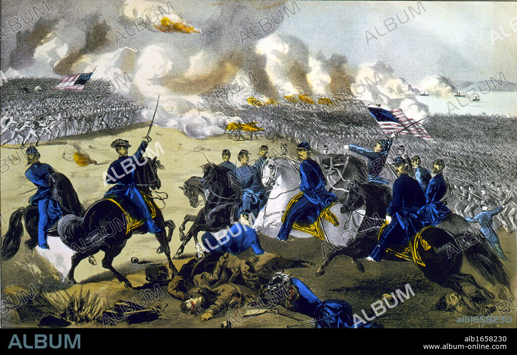 American Civil War 1861-1865: Battle of Pittsburgh Landing (Battle of Shiloh), Tennessee, 7 April 1862. General Ulysses Grant leading Union (Northern) forces against the Confederates Southern. Print by Currier & Ives, 1862.