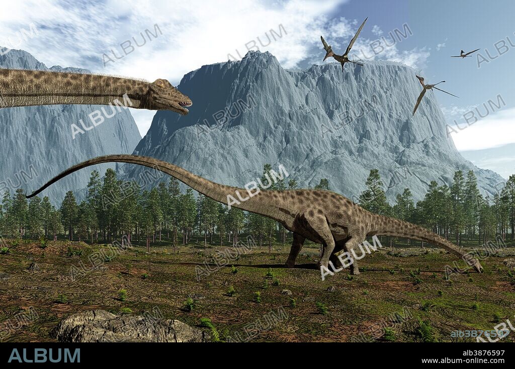 Vegetarian Diplodocus leisurely graze while several pterodactyls pass overhead 150 million years ago in what is today North America. 115 feet long and weighing over 10 tons, from the tip of tail to its diminutive head Diplodocus is the longest known dinosaur.