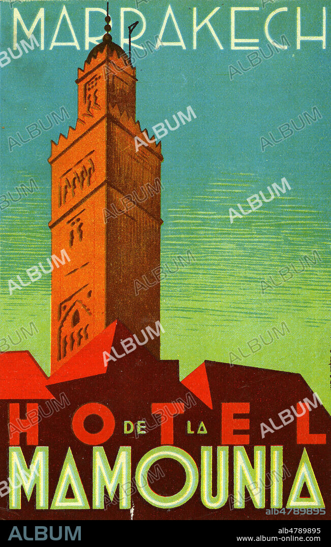 'Marrakech, hotel de la Mamounia'. Illustration anonyme pour une etiquette vers 1930. Credit : Collection IM/KHARBINE-TAPABOR.