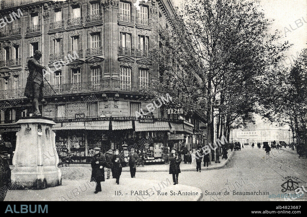 'Paris. Rue St-Antoine. Statue de Beaumarchais'. Carte postale vers 1910. Credit : IM/KHARBINE-TAPABOR.