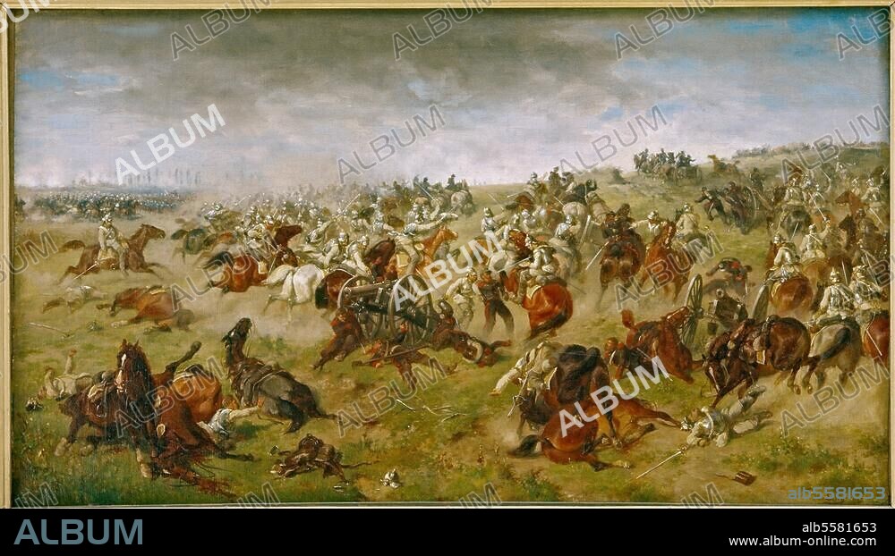 Deutsch-französischer Krieg 1870/71. Schlacht bei Vionville (oder Mars-la-Tour), 16. August 1870. "Attacke der Brigade Bredow in der Schlacht bei Vionville am 16. August 1870". Gemälde, 1872, von Heinrich Lang (1838-1891). Öl / Leinwand, 33,4 × 59 cm. Inv. Nr. BST 44. Kaiserslautern, Pfalzgalerie.