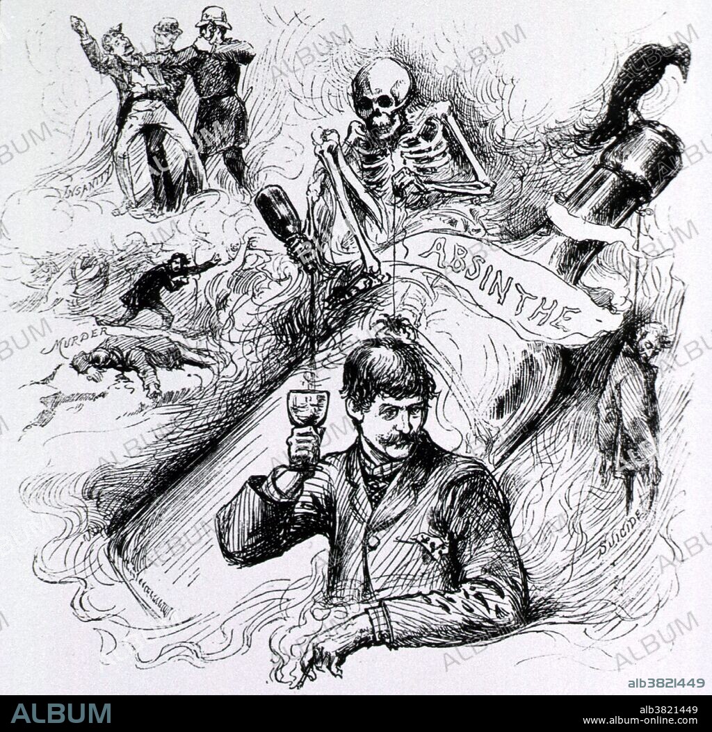 A large bottle labeled "Absinthe" leans to one side; Death sits on the bottle and pours alcohol into a goblet held by a man while dangling a spider over the man's head; acts of insanity, murder, and suicide resulting from alcoholism are depicted. Harper's Weekly, September 15, 1883. Absinthe is historically described as a distilled, highly alcoholic beverage. Absinthe has often been portrayed as a dangerously addictive psychoactive drug. Spurred by the temperance movement and the winemakers' associations, absinthe was publicly associated with violent crimes and social disorder.
