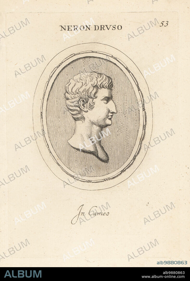 Bust of Drusus Julius Caesar, or Nero Claudius Drusus, 14 BC - 23 AD. Son of Emperor Tiberius, heir to the Roman Empire following the death of his adoptive brother Germanicus. Neron Claudio Druso. In cameo. Copperplate engraving by Giovanni Battista Galestruzzi after Leonardo Agostini from Gemmae et Sculpturae Antiquae Depicti ab Leonardo Augustino Senesi, Abraham Blooteling, Amsterdam, 1685.