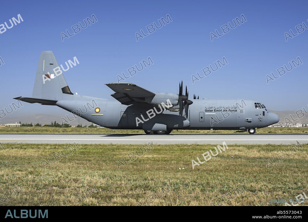 A Qatar Emiri Air Force C-130J-30 Hercules landing at Konya during the international Exercise Anatolian Eagle 2014-2 in Konya, Turkey.