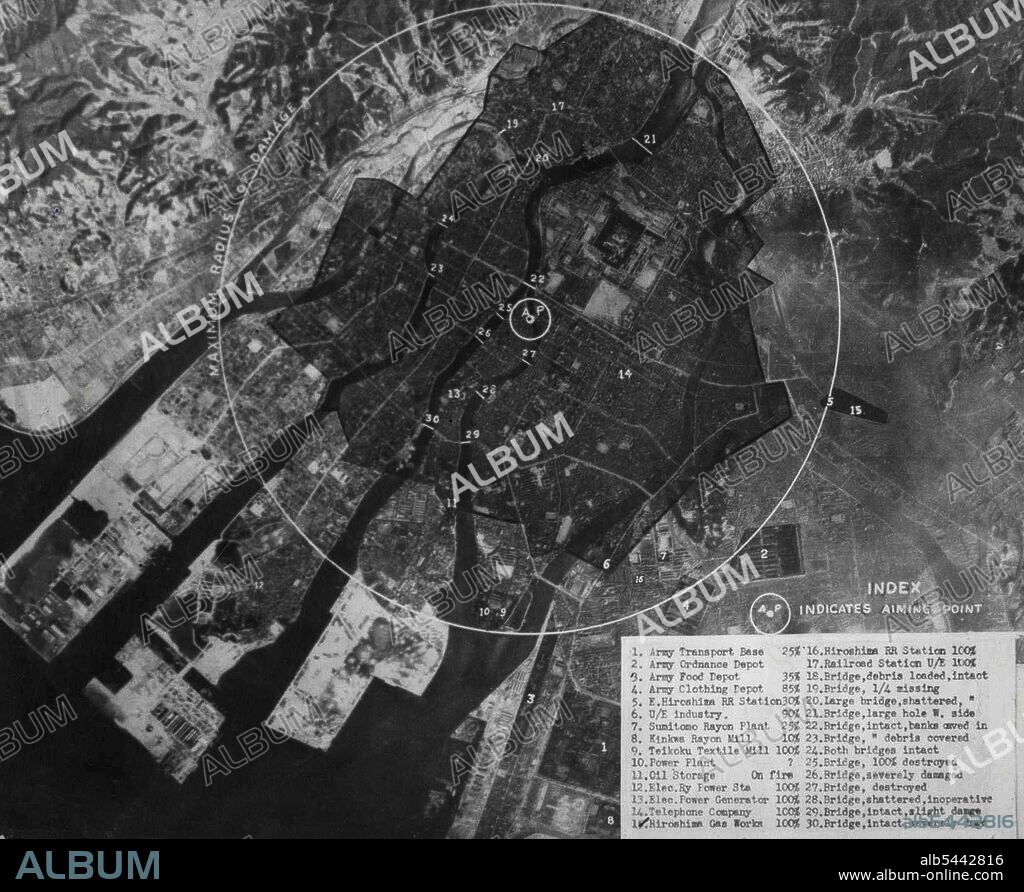 Hiroshima Area That Sustained Damage In First Atomic Bomb Attack - Photo-diagram issued by the Army Air Forces. The circle is drawn on a diameter of 19,000 feet with the devastated sections *****, according to information based on Air Intelligence parts. The Key to the numbers follow: 1-Army Transport base; 2-Army ordnance ***** Army food depot; 4-Army clothing depot; 5-E. Hiroshima ***** - Unidentified industry; 7-Sumitomo rayon plant; 8- Kinkwa ***** 19- Teikoku station; 13- Electric power generator; 14-Telephone ***** 15-Gas works; 16-Hiroshima RR station; 17-Unidentified ***** 18-Bridge, debris loaded, intact; 19-Bridge, one-fours missing; 20-Large bridge, shattered, intact; 21- Bridge, large hole, west side; 22-Bridge, intact, banks caved in; 23-Bridge, intact, debris covered; 24-Both bridges intact; 25-Bridge, destroyed; 26-Bridge, severely damaged; 27-Bridge, destroyed; 28-Bridge, Shattered, inoperative; 29-Bridge, intact, slight damage; 30-Bridge intact,. severely damaged. Augu.