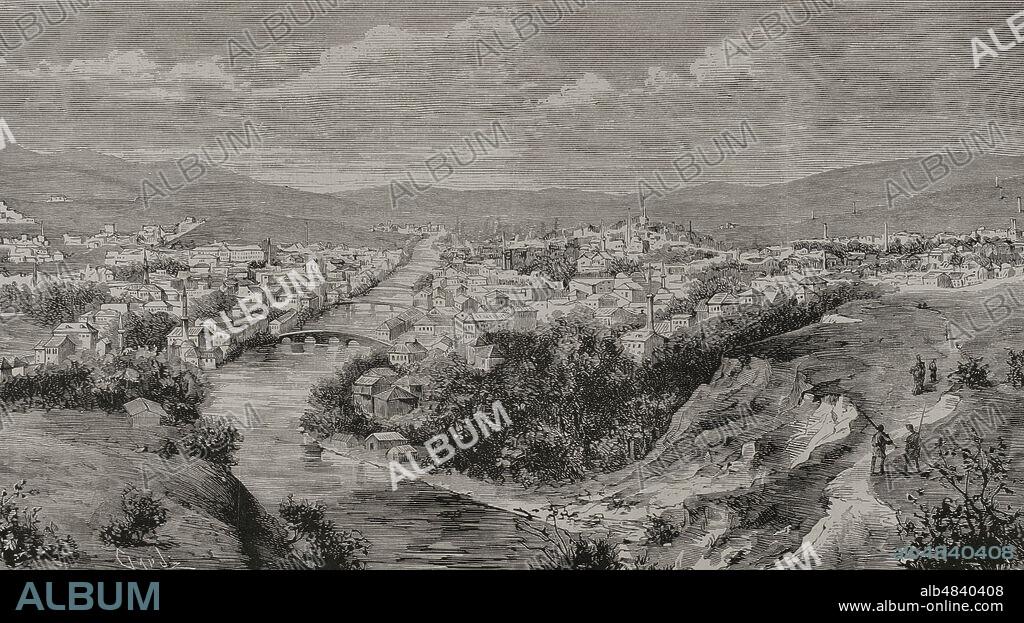 SPANISH ENGRAVER TOMAS CARLOS CAPUZ (1834-1899).. 19th century. Bosnia, Sarajevo. Panoramic of the city. Engraving by Capuz. La Ilustración Española y Americana, 1878.