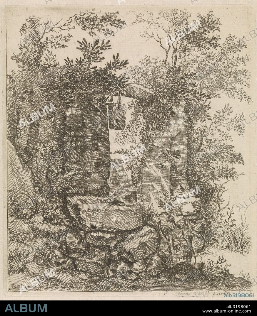 Expired stone gate in a landscape, Jacob Lutma, Frans Carelse, 1665 - 1683.