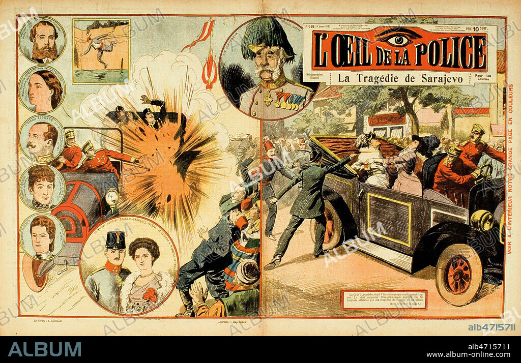 La tragedie de Sarajevo. Assassinat de Francois Ferdinand l'archiduc d'Autriche et de sa femme. (Attentat politique du 28 juin 1914). Illustration de pour L'Oeil de la Police de 1914. Credit : Coll. Dixmier/KHARBINE-TAPABOR..
