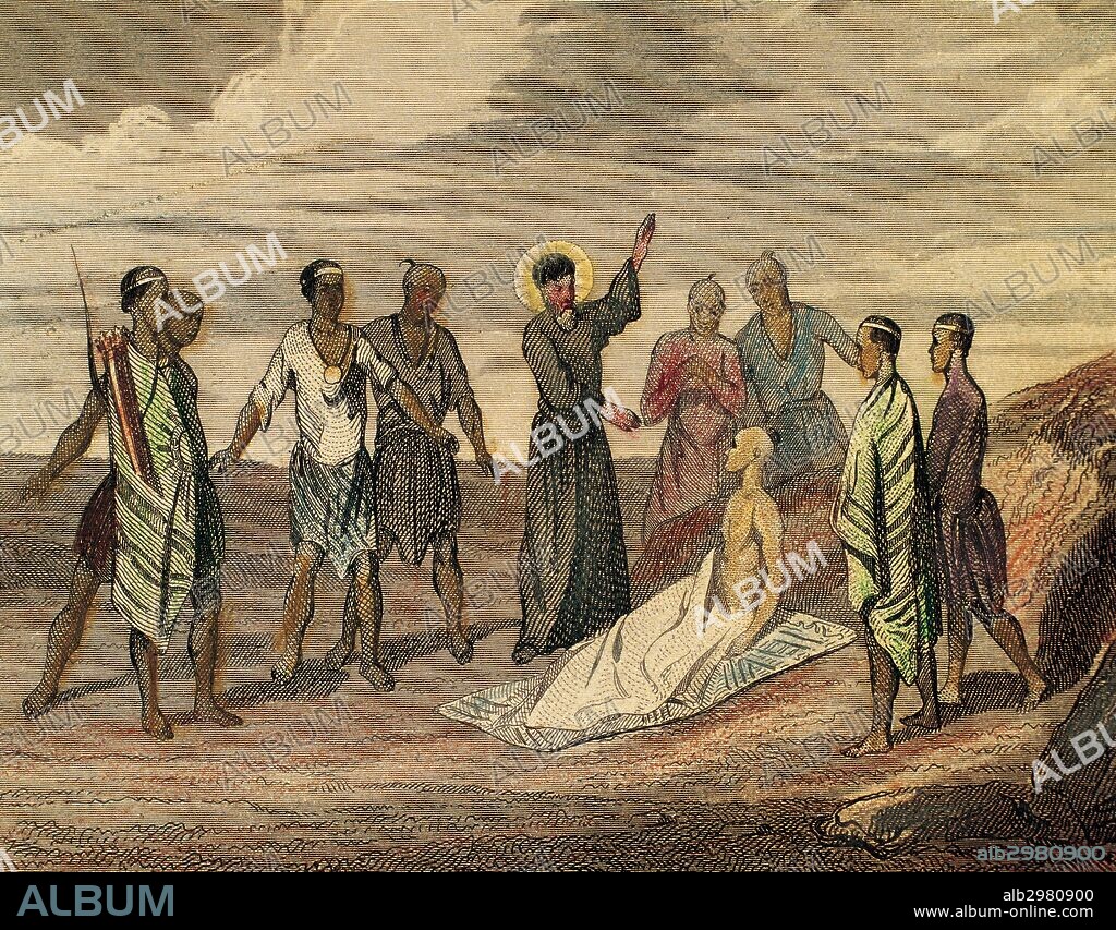 SAN FRANCISCO JAVIER (Javier,1506-Shangchuan, 1552). Religioso español. Fundador de las misiones asiáticas de los jesuitas, organizador eclesiástico de la India y patrono de las misiones. "El santo resucita a un muerto ya sepultado en Colam, cerca del Cabo Comorin (India), en el año 1544". Durante este año el santo realizó más de veinte viajes de evangelización. Grabado francés del año 1850.