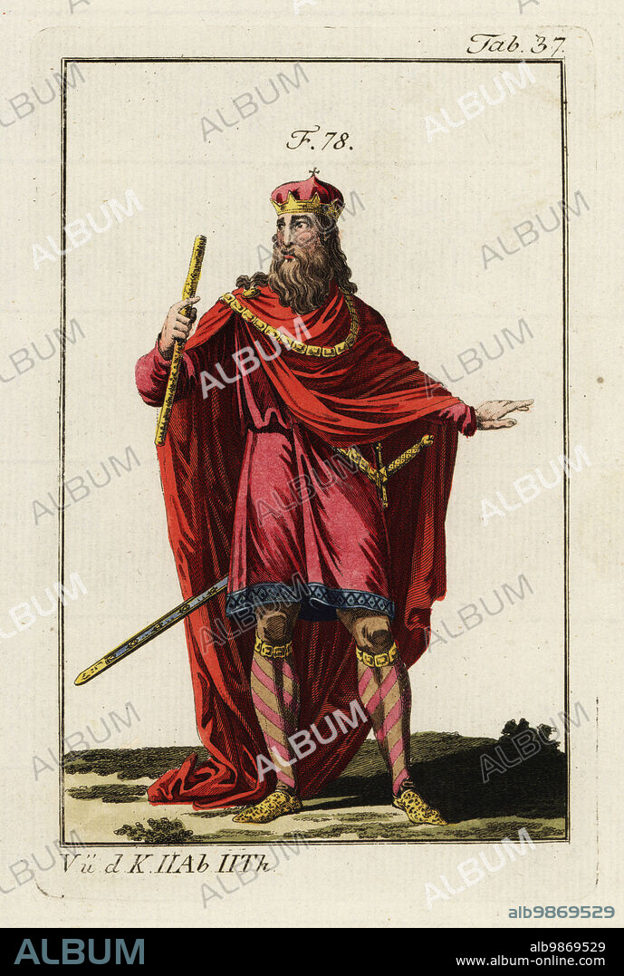 Charlemagne (742~814) was King of the Franks from 768 to his death. He is also known as Charles I, Karl der Grosse of Germany and Carolus Magnus of the Holy Roman Empire. The ordinary clothes of Charlemagne consisted of a shirt, tunic, breeches (culottes), ribbons tied around the calves, shoes, belt and sword. He wore in winter a thorax, which covered the chest, and a garment called the Venetian mantle. Charlemagne never appeared in public without his sword; the belt and hilt were of silver or gold. For ceremonial wear, he carried a sword enriched with precious stones. Handcolored copperplate engraving from Robert von Spalart's Historical Picture of the Costumes of the Principal People of Antiquity and Middle Ages, Vienna, 1796.