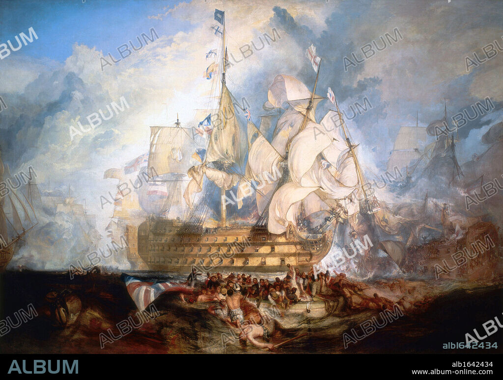 Trafalgar': painting by James Mallord William Turner (1775-1851). Oil on canvas. Battle of Trafalgar, 21 October 1805, between British and Franco-Spanish fleets. Britain victorious but Admiral Horatio Nelson on his flagship 'Victory' was mortally wounded by a French sniper.