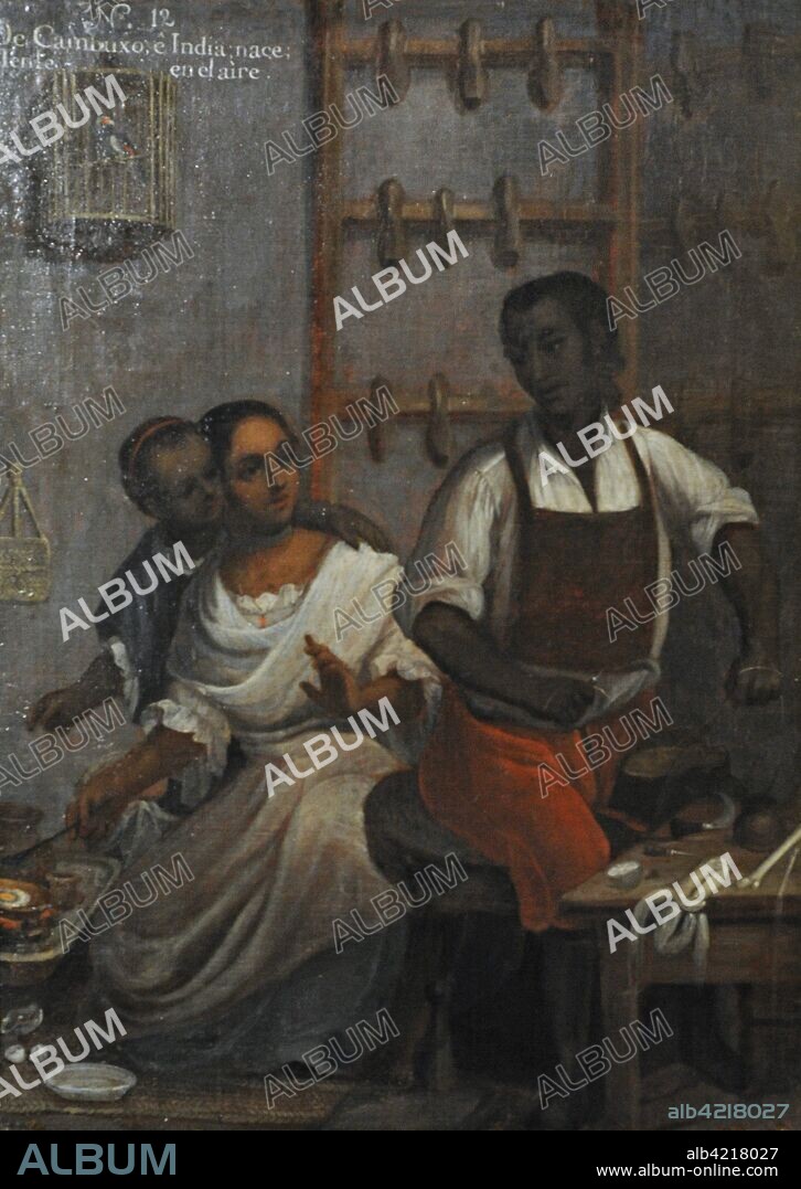 Título: Castas; De cambujo e india, tente en el aire. Autor: Andrés de Islas (siglo XVIII). Pintura sobre lienzo. Grado de mestizaje entre indígenas, europeos y africanos. Género" Pintura de Castas". Virreinato de la Nueva España. Escuela Mexicana. México. 1774. Museo de América. Madrid. España.
