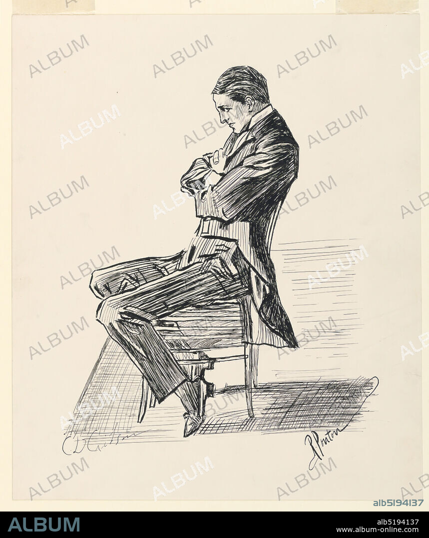 Young Man, Seated, from Scribner's 'Eighty Drawings including the Weaker Sex', Charles Dana Gibson, American, 18671944, R. Ponton, Pen and ink on glossy white board, Young man in evening clothes is shown seated in left profile, his arms folded. Illustration for Scribner's, 'Eighty Drawings including the Weaker Sex,' New York, Scribner's 1903, 'The Party Wall.', USA, ca. 1897, Drawing, Drawing.